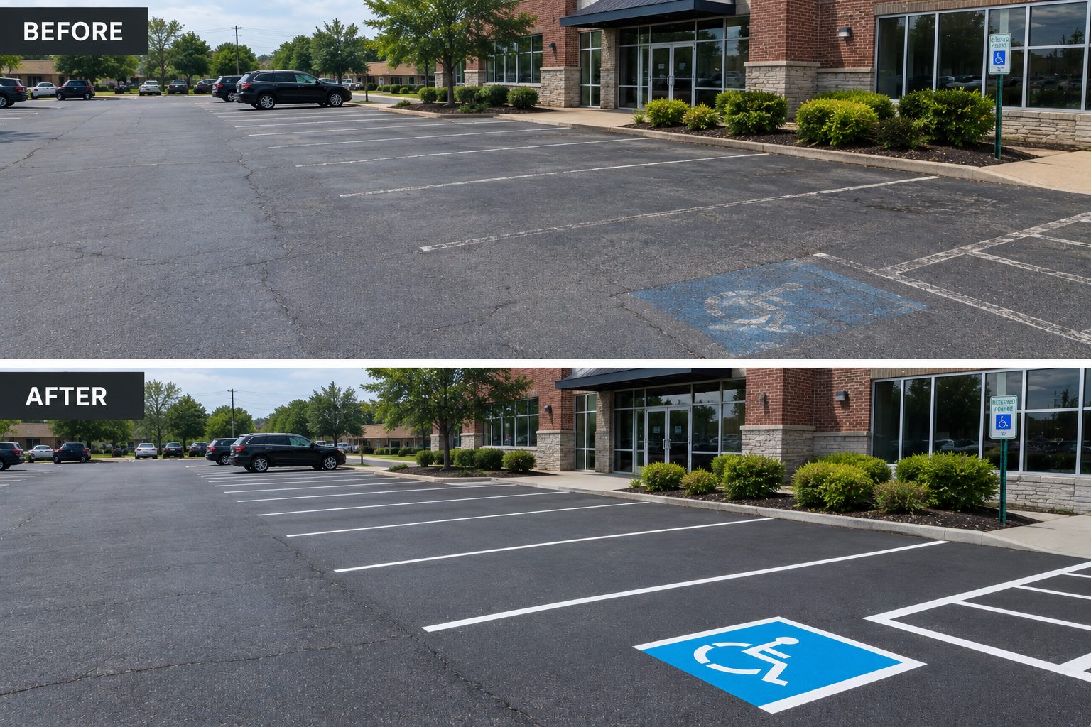 Before and after parking lot restriping: faded lines and a worn ADA symbol replaced with crisp new white lines and a vivid blue accessible parking marking