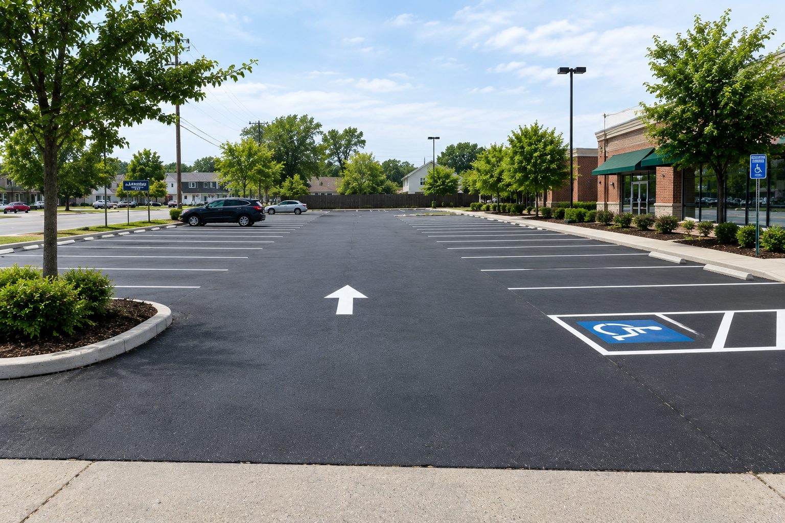Freshly striped commercial parking lot with crisp white lines, ADA-compliant markings, and clear signage