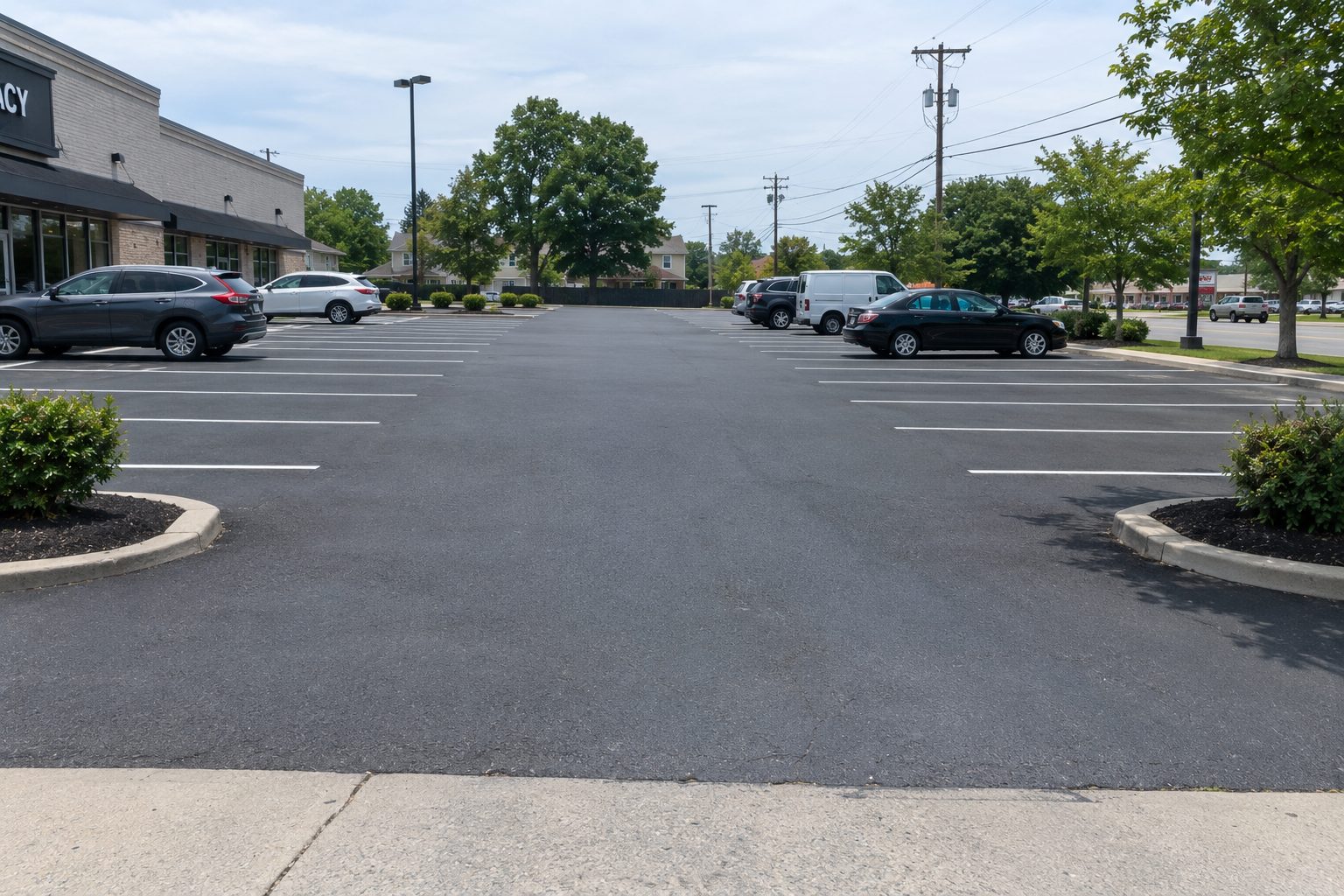 Freshly striped commercial parking lot with crisp white lines